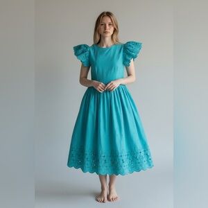 Vintage Brenner Turquoise Midi Dress With Broderie Anglaise Details Size Medium